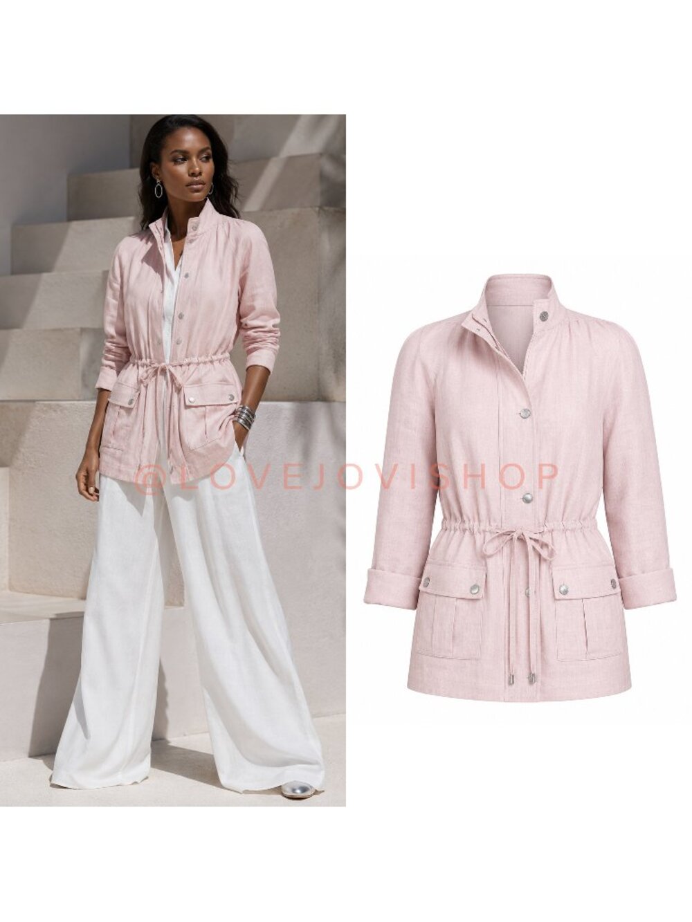 Coastal Luxe | Neiman Marcus Linen Safari Jacket | Pastel Pink Drawstring Waist